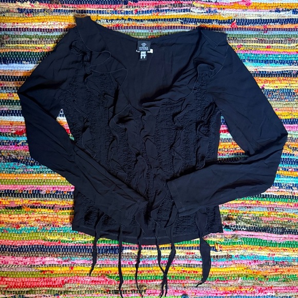 Versace Tops - Vintage 2000s Versace Black Ruffle Pleated Top – Seaweed Detail Long Sleeve (S)